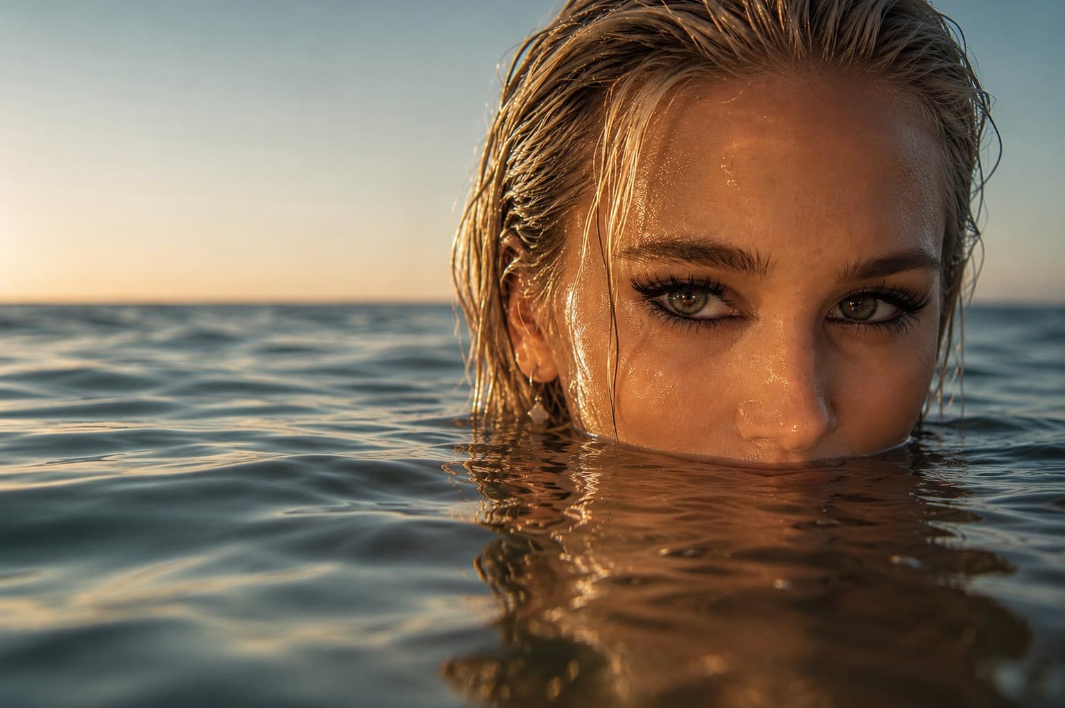 Sun-drenched ocean beauty campaign image with glowing skin and lifted lashes