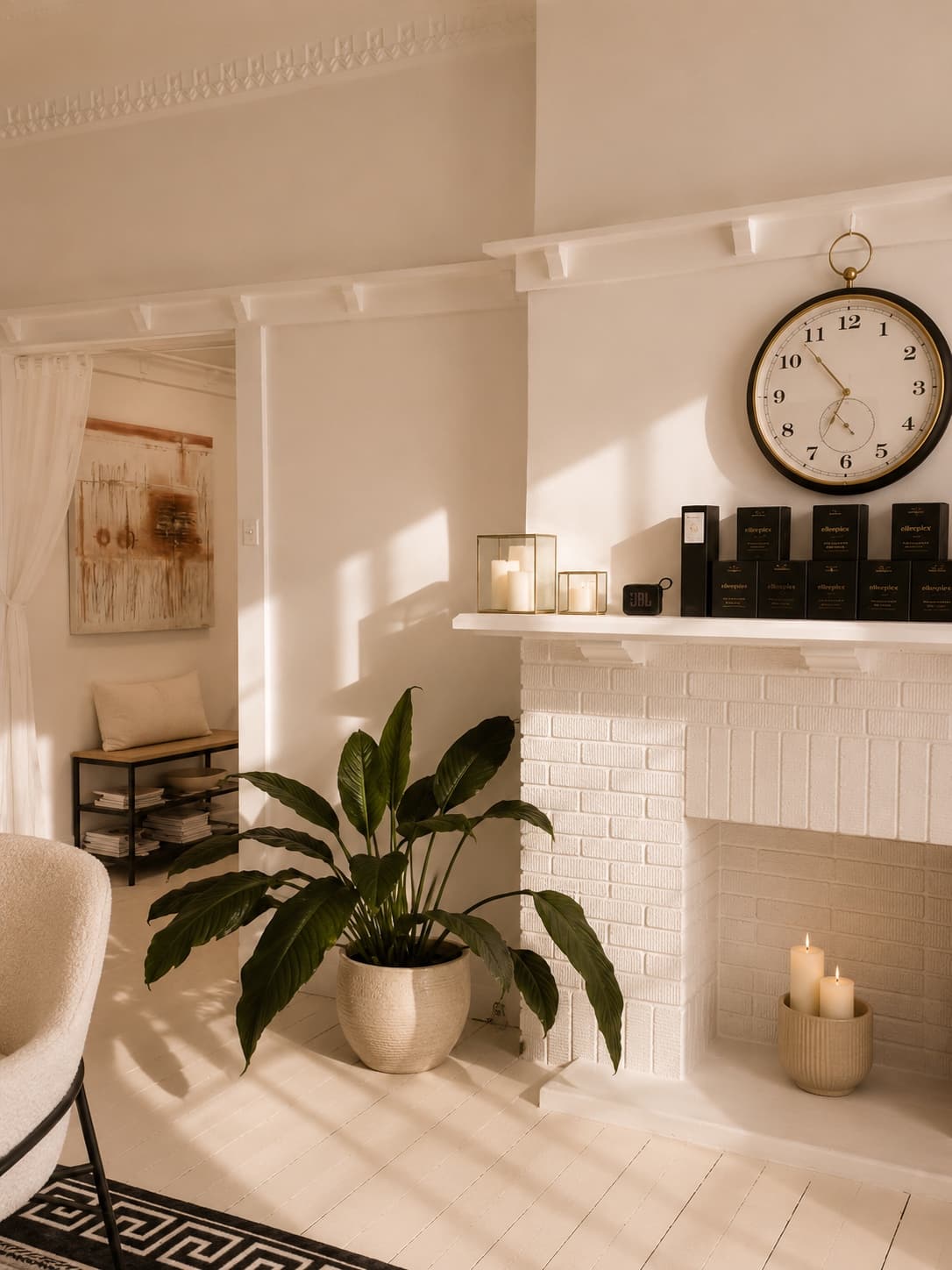 Bondi Aesthetic Room fireplace and clock styling in the luxury Bondi studio