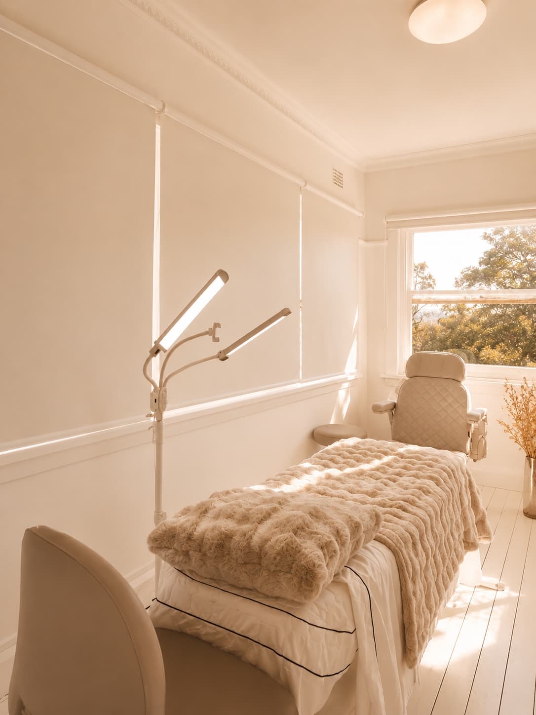 Bondi Aesthetic Room sunlit treatment room with soft textured blanket
